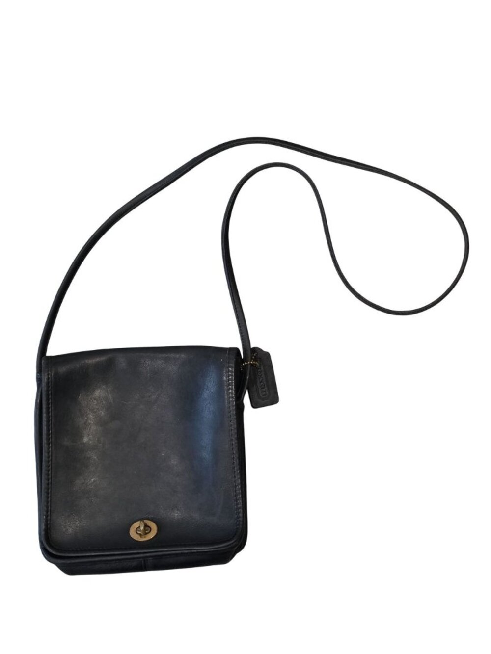 Vintage Coach Black Leather Crossbody Satchel Bag With Brass Turnlock